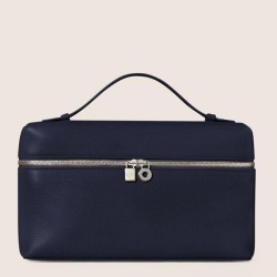 Loro Piana Extra Pocket Pouch L27 in Dark Blue Grained Leather TDBS28062