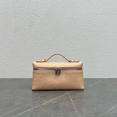 Loro Piana Extra Pocket Pouch L19 in Beige Ostrich-embossed Leather