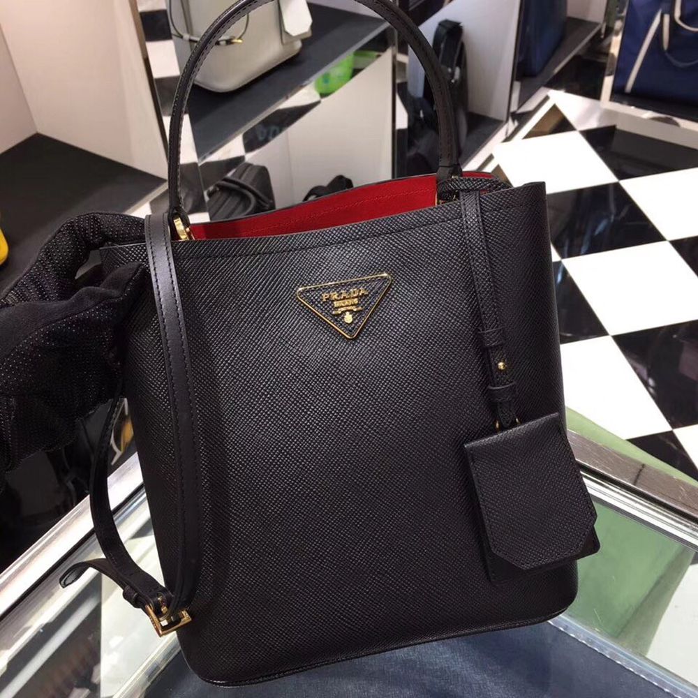 Prada Black Saffiano North South Double Medium Bag TDBS28296