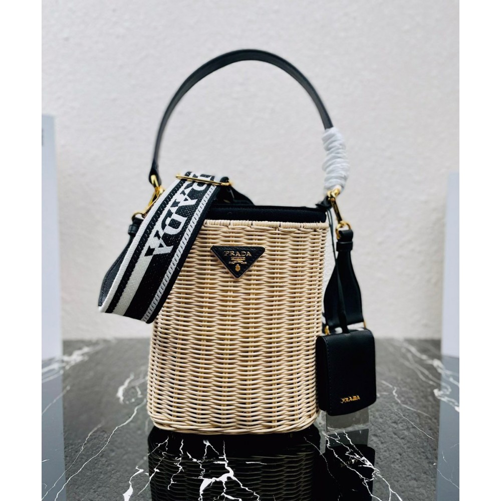 Prada Bucket Bag In Wicker and Black Canvas TDBS28084