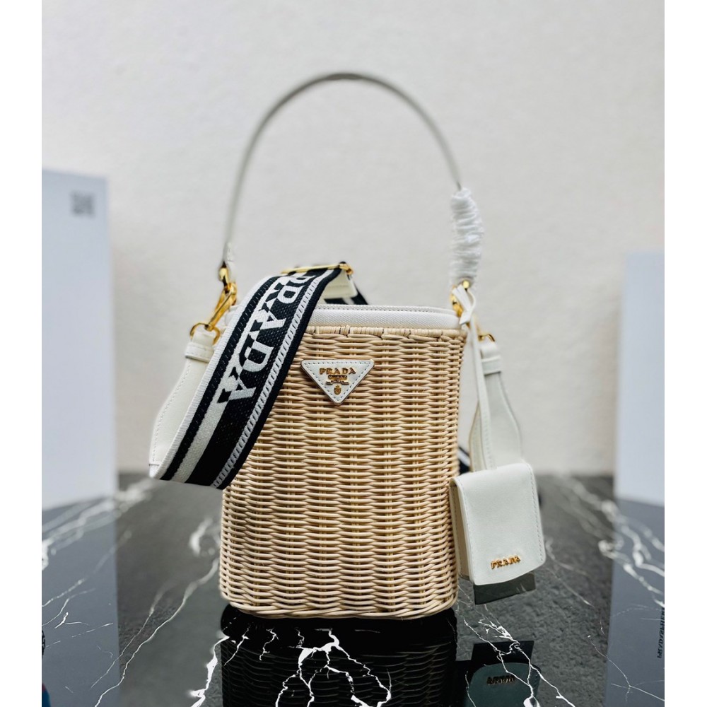 Prada Bucket Bag In Wicker and White Canvas TDBS28085