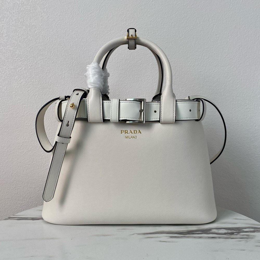 Prada Buckle Medium Bag with Belt in White Leather TDBS28089