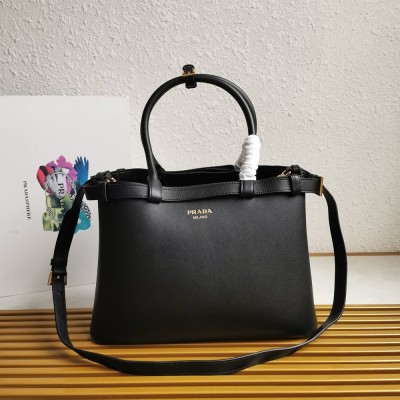 Prada Buckle Medium Bag with Double Belt in Black Leather TDBS28090