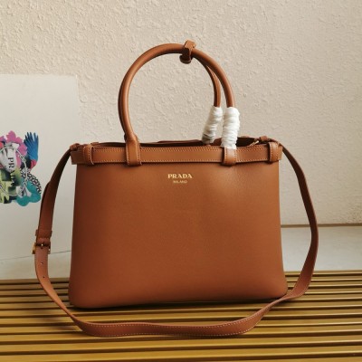 Prada Buckle Medium Bag with Double Belt in Brown Leather TDBS28091