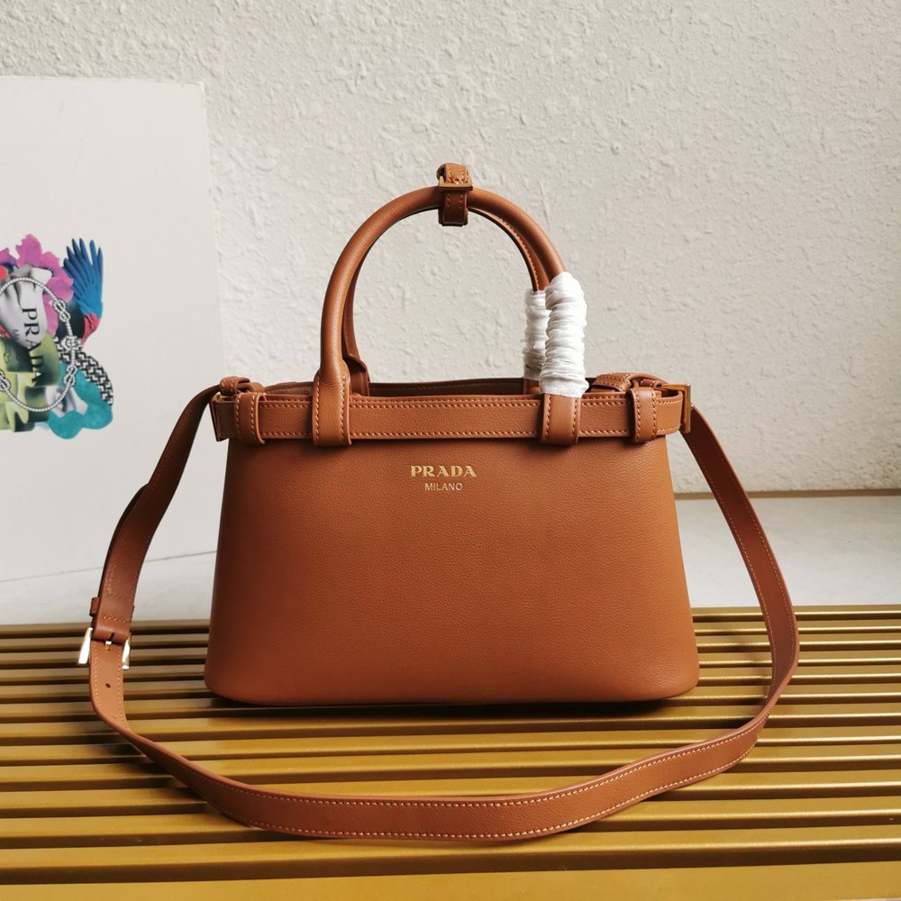 Prada Buckle Small Bag with Double Belt in Brown Leather TDBS28092