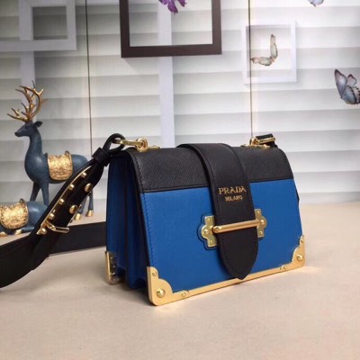 Prada Cahier Shoulder Bag In Blue Hydra /Black Leather TDBS28099