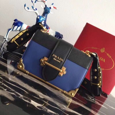 Prada Cahier Shoulder Bag In Blue/Black Leather TDBS28100