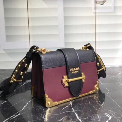 Prada Cahier Shoulder Bag In Bordeaux/Black Leather TDBS28101