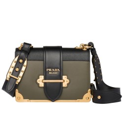 Prada Cahier Shoulder Bag In Green/Black Leather TDBS28103