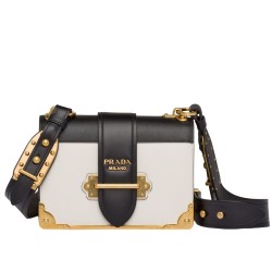 Prada Cahier Shoulder Bag In White/Black Leather TDBS28106