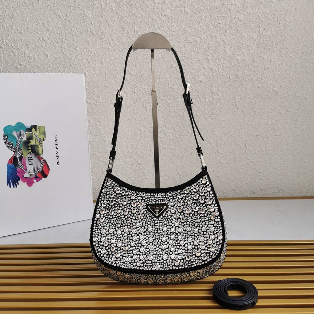 Prada Cleo Bag In Black Satin with Cystal Appliques TDBS28109