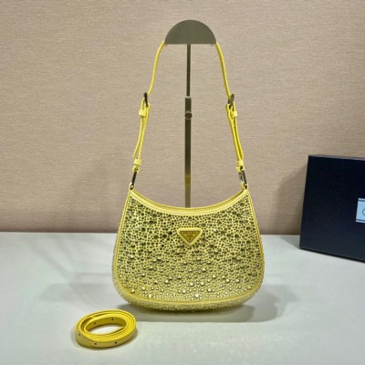 Prada Cleo Bag In Yellow Satin with Cystal Appliques TDBS28111