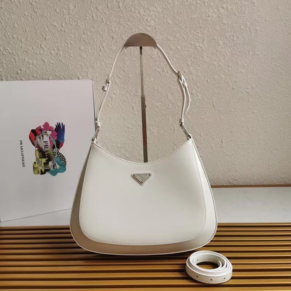 Prada Cleo Large Shoulder Bag In White Brushed Leather  TDBS28114