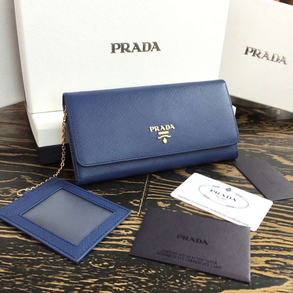 Prada Continental Wallet In Blue Saffiano Leather TDBS28477