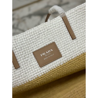 Prada Crochet Large Tote Bag in Beige/White Raffia-effect Yarn TDBS28409