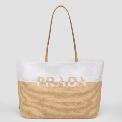 Prada Crochet Large Tote Bag in Beige/White Raffia-effect Yarn TDBS28409