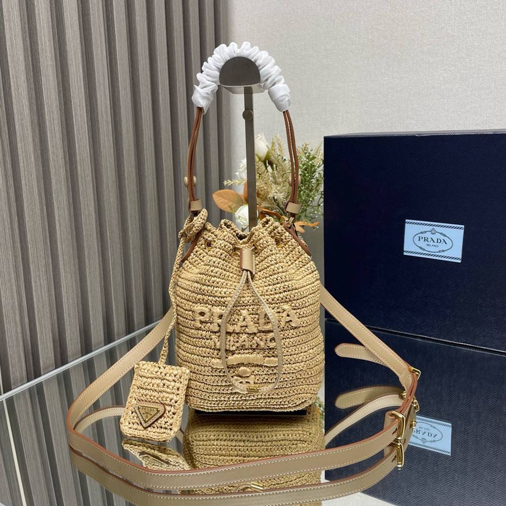 Prada Crochet Mini Bucket Bag in Natural Raffia-effect Yarn TDBS28086