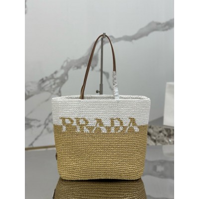 Prada Crochet Small Tote Bag in Beige/White Raffia-effect Yarn TDBS28410