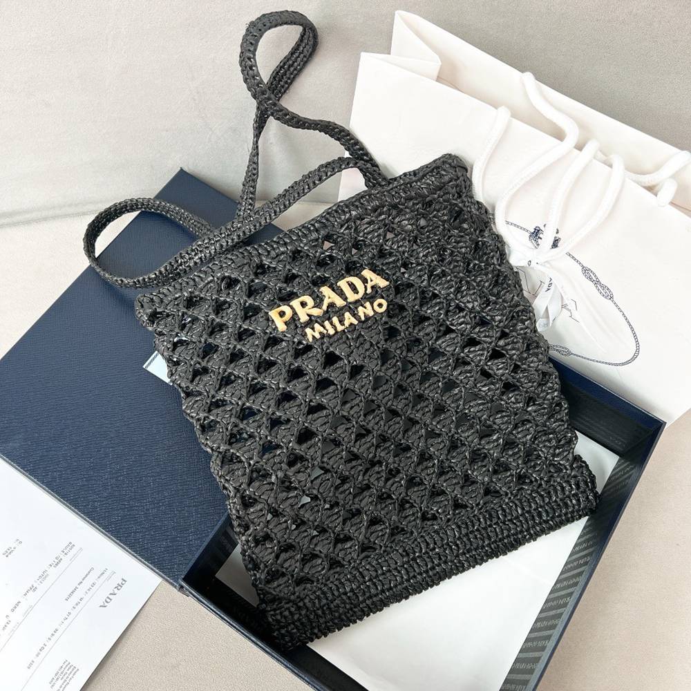 Prada Crochet Tote Bag in Black Raffia-effect Yarn TDBS28412