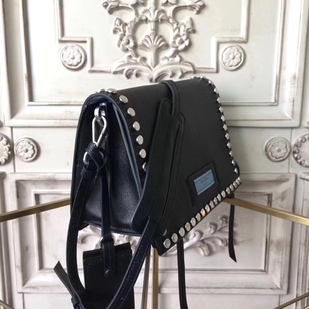 Prada Etiquette Bag In Black Calfskin With Metal Stud Trim TDBS28192