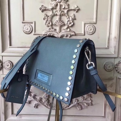 Prada Etiquette Bag In Blue Calfskin With Metal Stud Trim TDBS28193