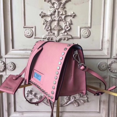 Prada Etiquette Bag In Pink Calfskin With Metal Stud Trim TDBS28195