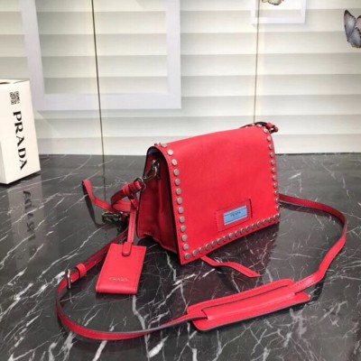 Prada Etiquette Bag In Red Calfskin With Metal Stud Trim TDBS28196