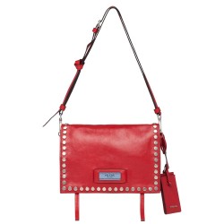 Prada Etiquette Bag In Red Calfskin With Metal Stud Trim TDBS28196