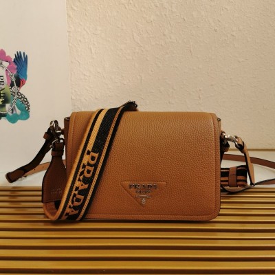 Prada Flap Shoulder Bag in Brown Grained Leather TDBS28140