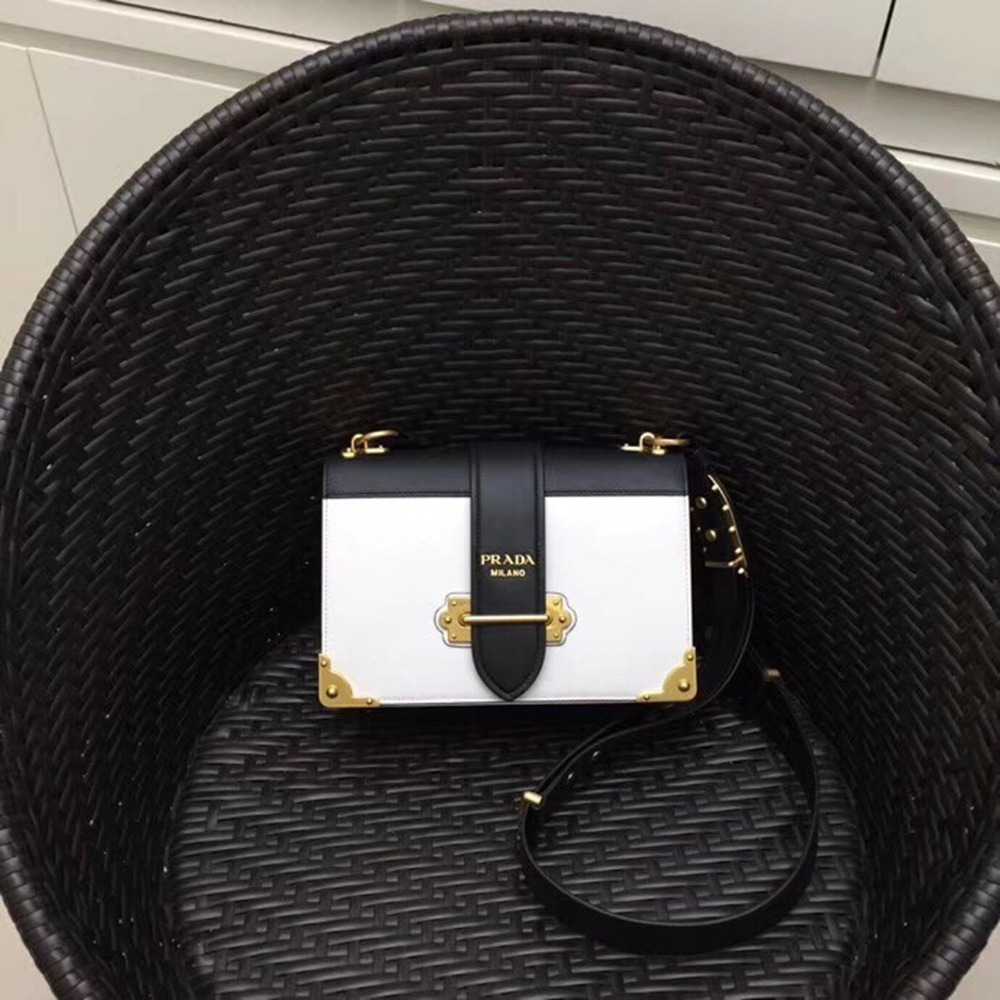 Prada Large Cahier Bag In White/Black Leather TDBS28096