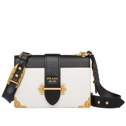 Prada Large Cahier Bag In White/Black Leather TDBS28096