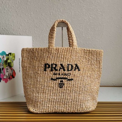 Prada Large Crochet Tote Bag in Beige Raffia-effect Yarn TDBS28417