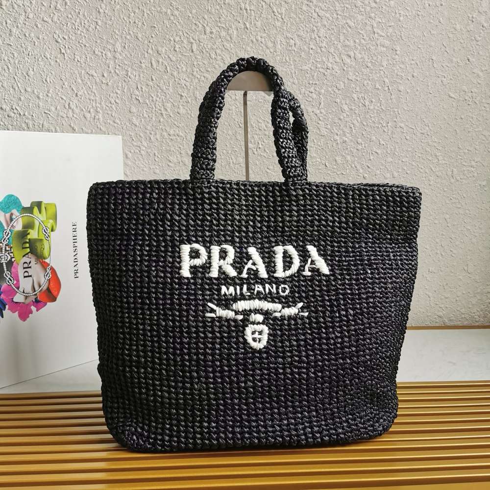 Prada Large Crochet Tote Bag in Black Raffia-effect Yarn TDBS28418