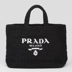 Prada Large Crochet Tote Bag in Black Raffia-effect Yarn TDBS28418