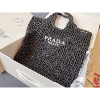 Prada Large Tote Bag In Black Woven Raffia TDBS28424