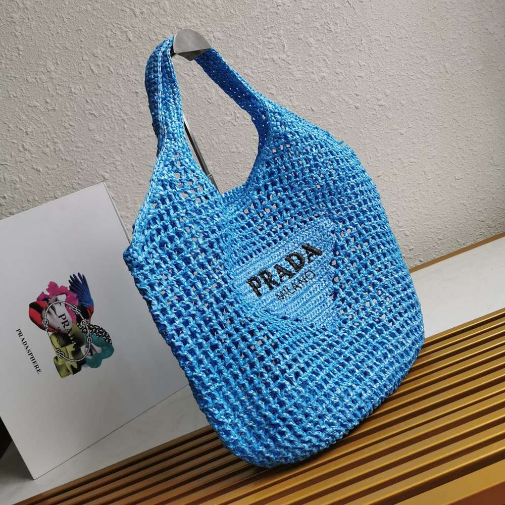 Prada Large Tote Bag In Blue Woven Raffia TDBS28425