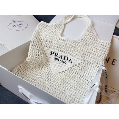 Prada Large Tote Bag In White Woven Raffia TDBS28429