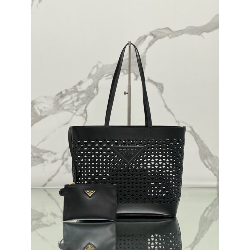 Prada Large Tote Bag in Black Perforated Leather  TDBS28422