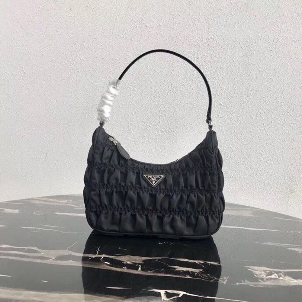 Prada Mini Hobo Bag In Black Nylon and Leather TDBS28235