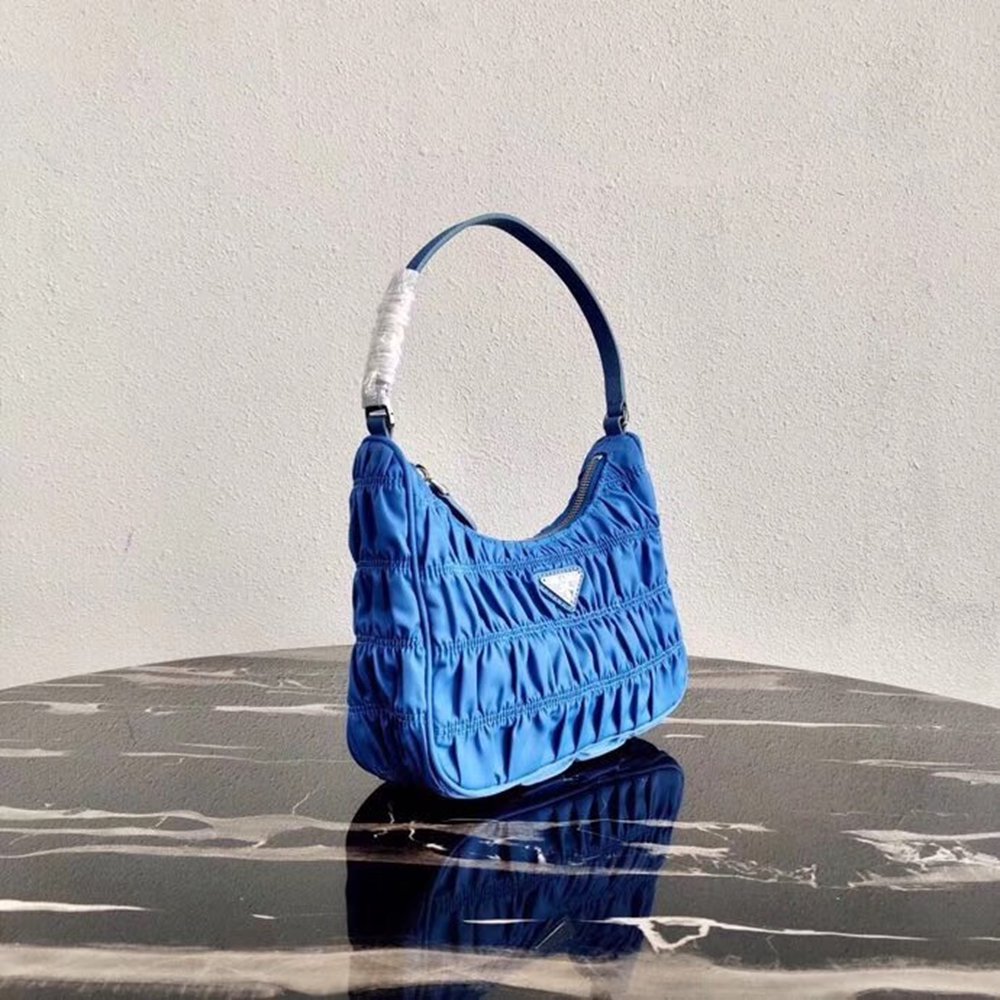 Prada Mini Hobo Bag In Blue Nylon and Leather TDBS28236