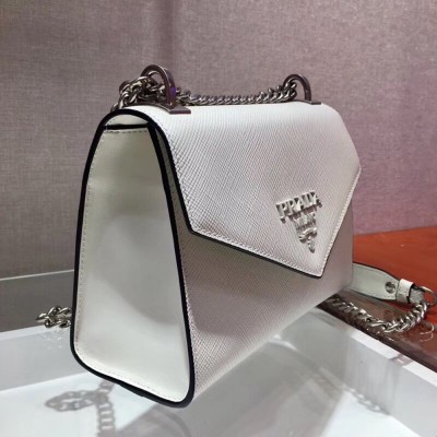 Prada Monochrome Flap Bag In White Saffiano Leather TDBS28150