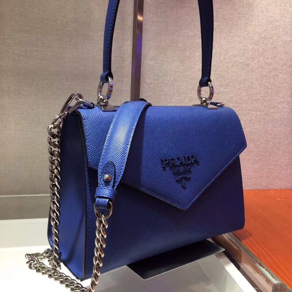 Prada Monochrome Top Handle Bag In Blue Saffiano Leather TDBS28398