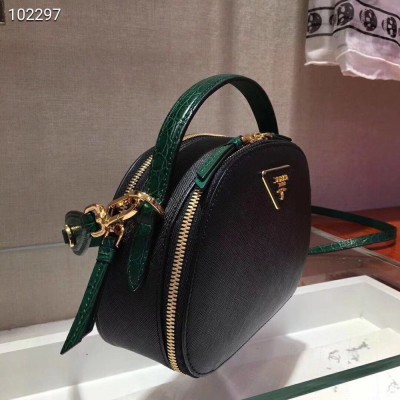 Prada Odette Black Saffiano And Green Crocodile Bag TDBS28333