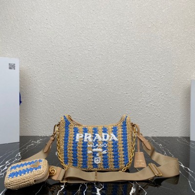 Prada Re-Edition 2005 Bag In Beige and Blue Stripe Raffia TDBS28284