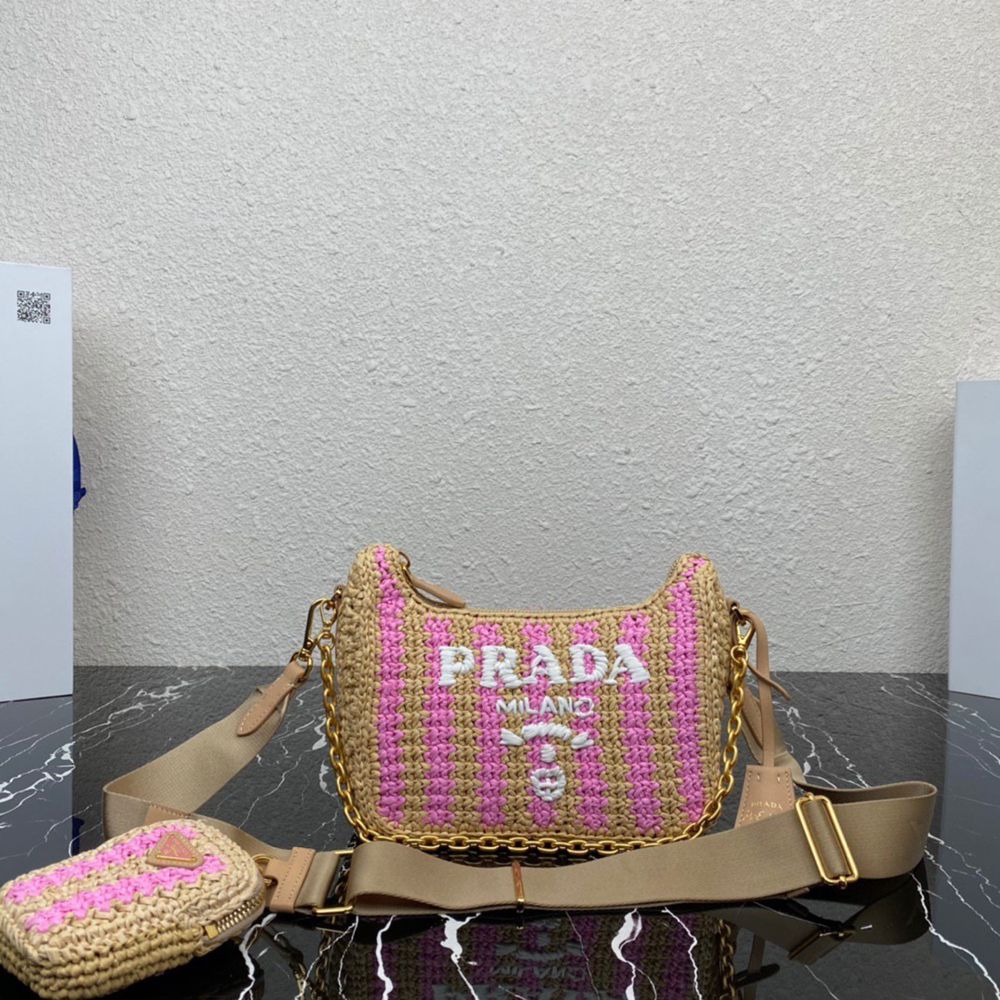 Prada Re-Edition 2005 Bag In Beige and Pink Stripe Raffia TDBS28285