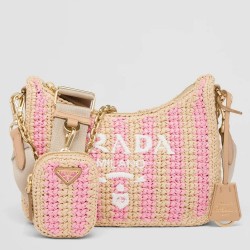 Prada Re-Edition 2005 Bag In Beige and Pink Stripe Raffia TDBS28285