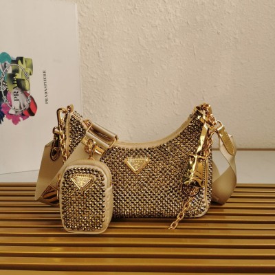 Prada Re-Edition 2005 Bag In Gold Satin with Crystal TDBS28286