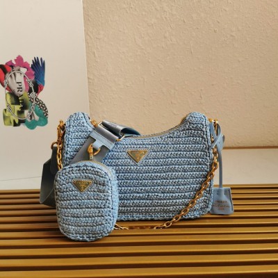 Prada Re-Edition 2005 Shoulder Bag In Blue Raffia TDBS28270