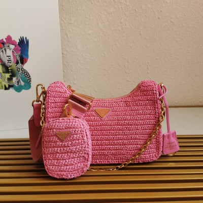 Prada Re-Edition 2005 Shoulder Bag In Pink Raffia TDBS28274