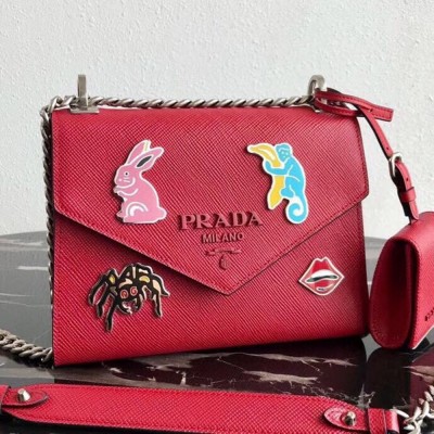 Prada Red Monochrome Flap Bag With Metal Appliques TDBS28152